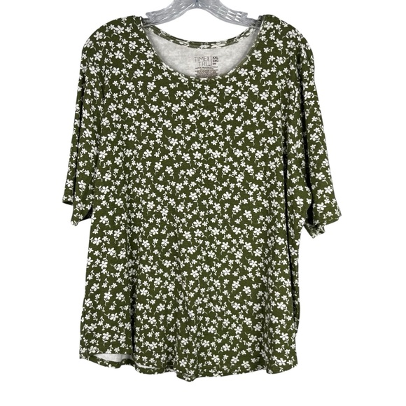 Time & Tru Shirt Women's XXL Green White Floral Scoop Neck Cotton Elbow Length - Picture 1 of 11